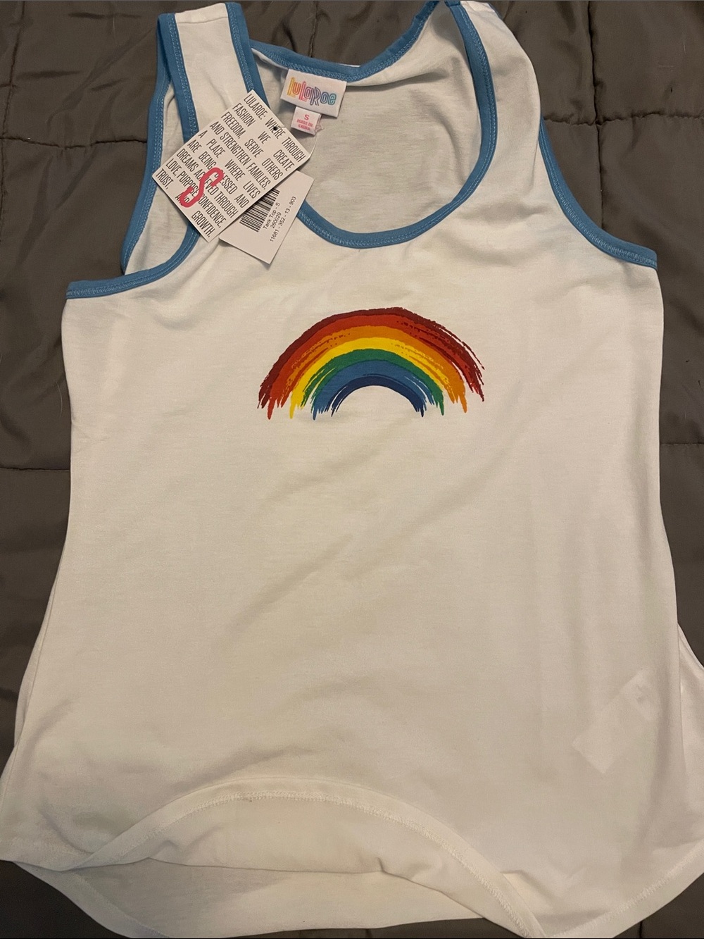 LuLaRoe White Tank Top with Rainbow Graphic and Blue Trim NWT small